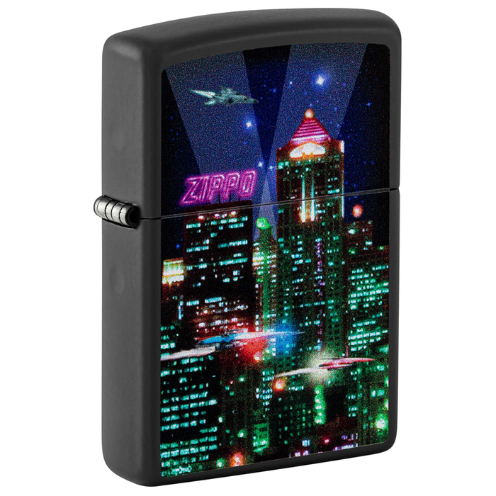 Зажигалка ZIPPO Кибергород с черным матовым покрытием | Cyber City Black Matte, латунь/сталь, черная 38x13x57 мм для нанесения логотипа