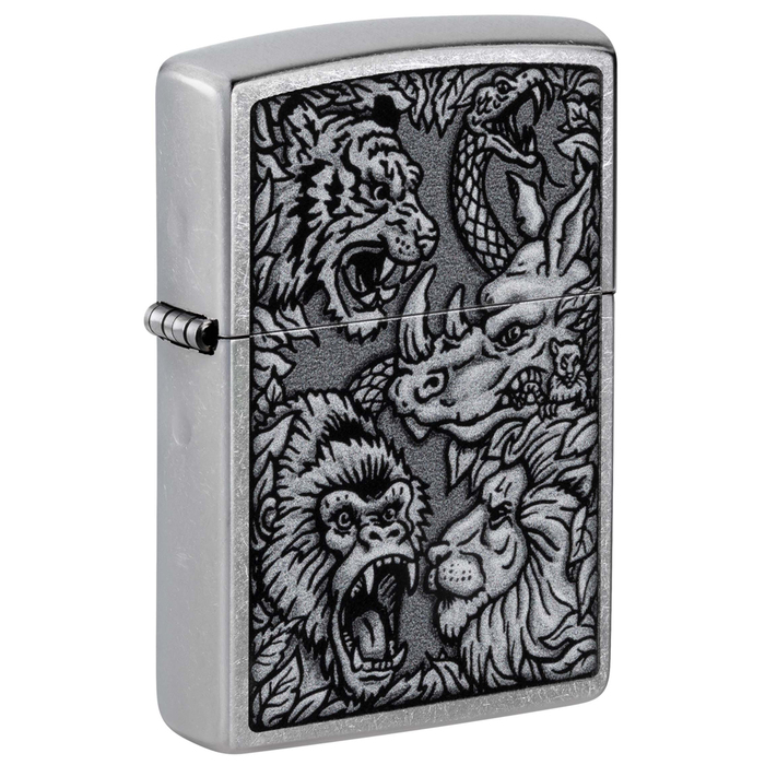 Зажигалка ZIPPO Джунгли с покрытием поцарапанный хром | Jungle Design Street Chrome, латунь/сталь, серебристая, 38x13x57 мм для нанесения логотипа
