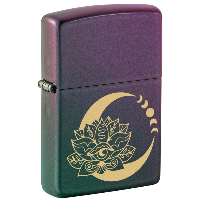 Зажигалка ZIPPO Лотос под луной с зелено-фиолетовым покрытием | Lotus Moon Iridescent, латунь/сталь, черная, 38x13x57 мм для нанесения логотипа