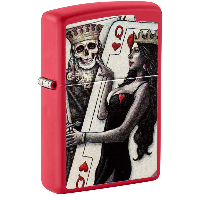 Зажигалка ZIPPO Король скелетов и королева красоты с красным матовым покрытием | Skull King Queen Beauty Red Matte, латунь/сталь, красная, 38x13x57 мм для нанесения логотипа