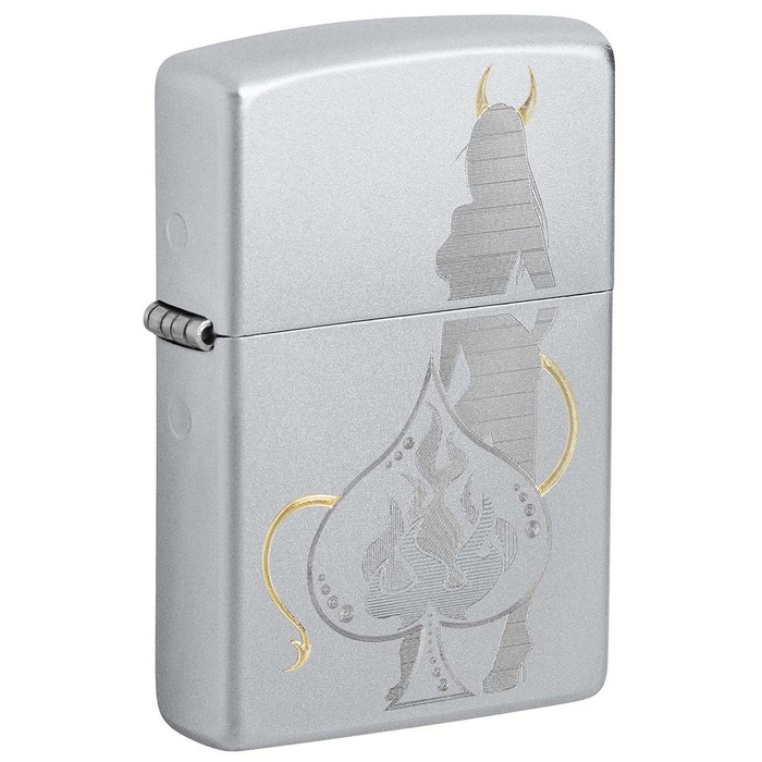 Зажигалка ZIPPO Дьявольский туз пик с покрытием сатинированный хром | Devilish Ace Satin Chrome, латунь/сталь, серебристая, 38x13x57 мм для нанесения логотипа