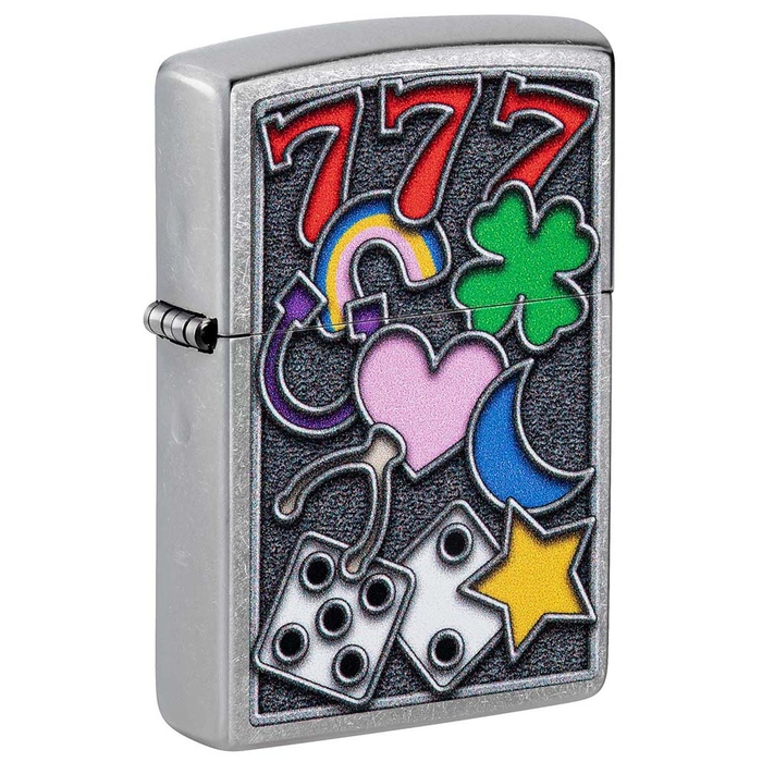Зажигалка ZIPPO Талисманы удачи с покрытием поцарапанный хром | All Luck Street Chrome, латунь/сталь, серебристая, 38x13x57 мм для нанесения логотипа