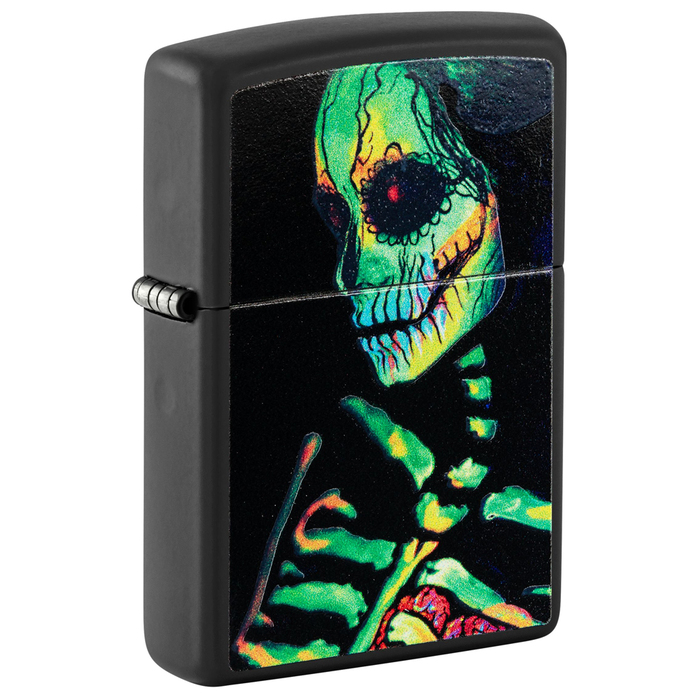 Зажигалка ZIPPO Скелет с покрытием черный свет | Skeleton Design Black Light, латунь/сталь, черная, матовая, 38x13x57 мм для нанесения логотипа