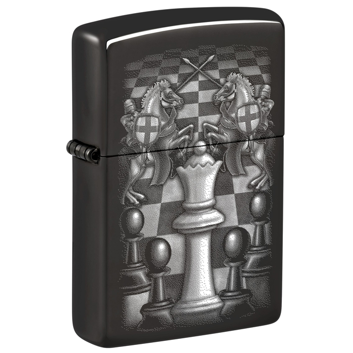 Зажигалка ZIPPO Шахматы с черным глянцевым покрытием | Chess Design High Polish Black, латунь/сталь, черная, 38x13x57 мм для нанесения логотипа