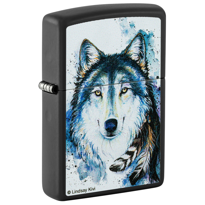 Зажигалка ZIPPO Линдси Киви «Хороший волк» с черным матовым покрытием | Lindsay Kivi Good Wolf Black Matte, латунь/сталь, черная,матовая, 38x13x57 мм для нанесения логотипа