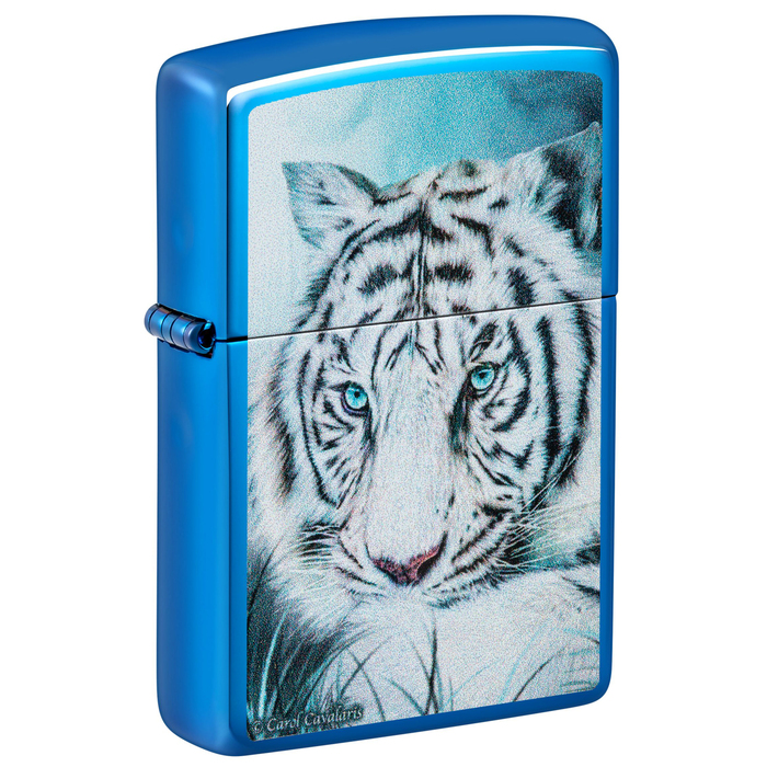 Зажигалка ZIPPO Белый тигр с глянцевым синим покрытием | White Tiger High Polish Blue, латунь/сталь, синяя, глянцевая, 38x13x57 мм для нанесения логотипа