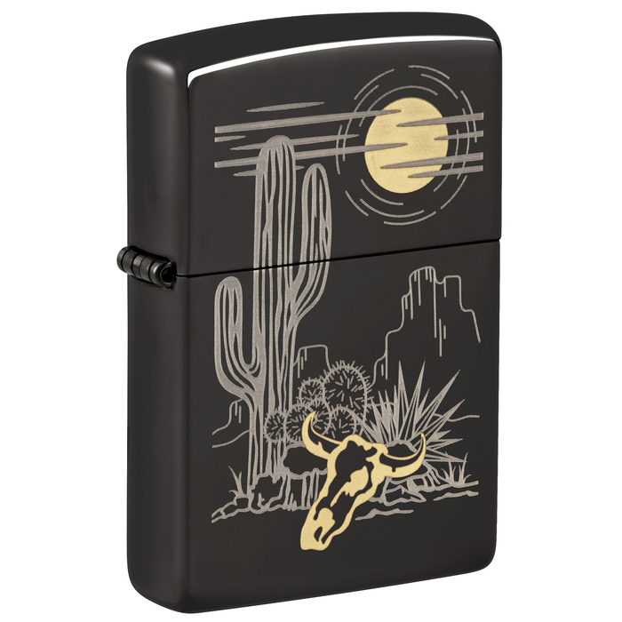Зажигалка ZIPPO Дикий запад с черным глянцевым покрытием | Western High Polish Black, латунь/сталь, черная, глянцевая, 38x13x57 мм для нанесения логотипа