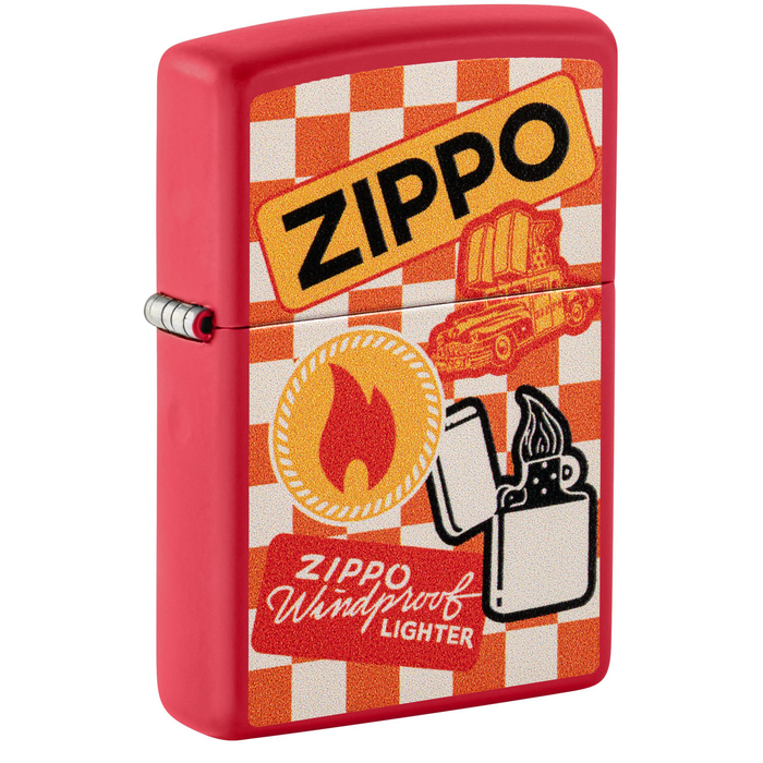 Зажигалка ZIPPO Ретро с красным матовым покрытием | Retro Design Red Matte, латунь/сталь, красная, матовая, 38x13x57 мм для нанесения логотипа