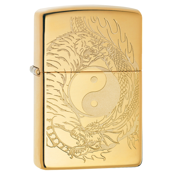 Зажигалка ZIPPO Тигр и дракон с покрытием Глянцевая латунь | Tiger and Dragon High Polish Brass, латунь/сталь, золотистая, 38x13x57мм для нанесения логотипа