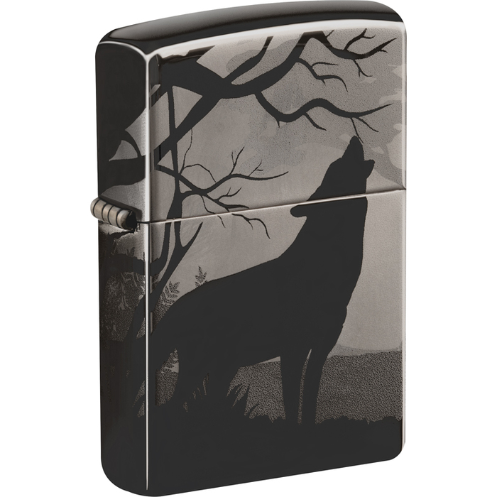 Зажигалка ZIPPO Волки с покрытием черный лед | Wolves Design Black Ice®, латунь/сталь, чёрная, глянцевая, 38x13x57 мм для нанесения логотипа