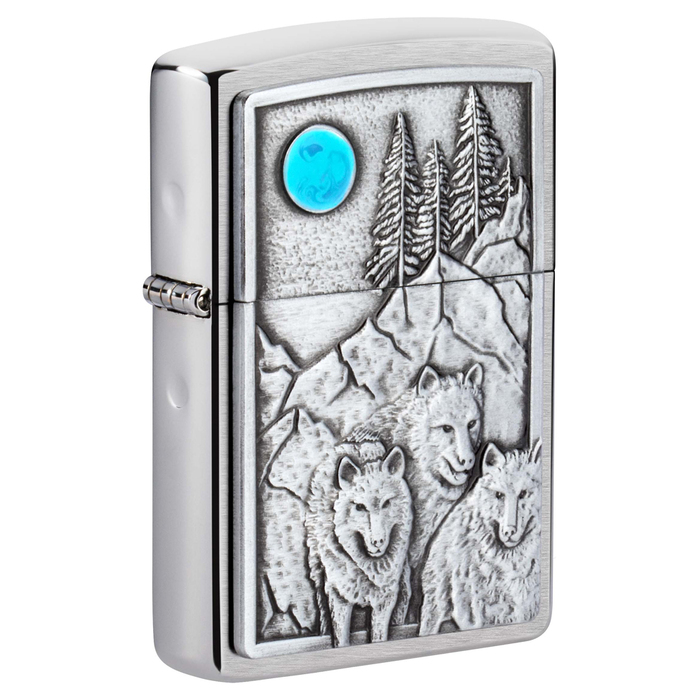 Зажигалка ZIPPO Волки с покрытием матовый хром | Wolf Design Brushed Chrome, латунь/сталь, серебристая, 38x13x57 мм для нанесения логотипа