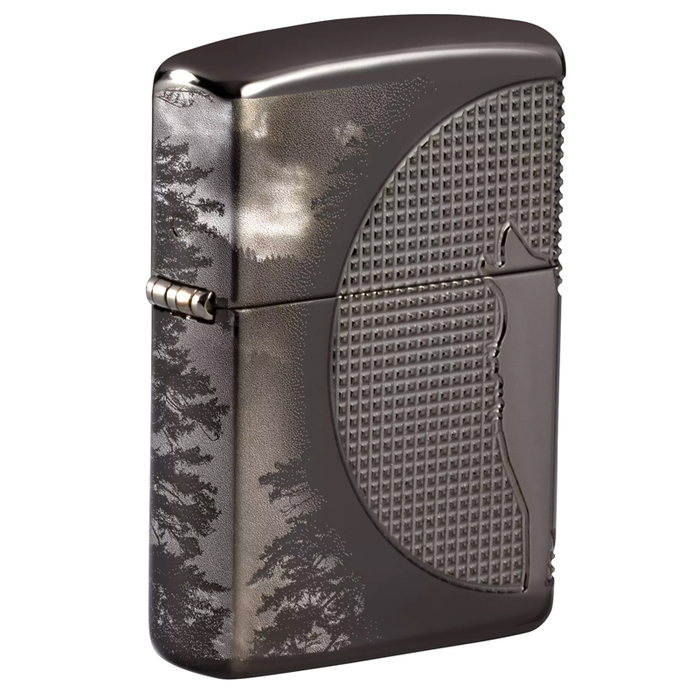 Зажигалка ZIPPO Armor™ Волк с глянцевым покрытием Черный лед | Wolf High Polish Black Ice®, латунь/сталь, чёрная, 38x13x57 мм для нанесения логотипа