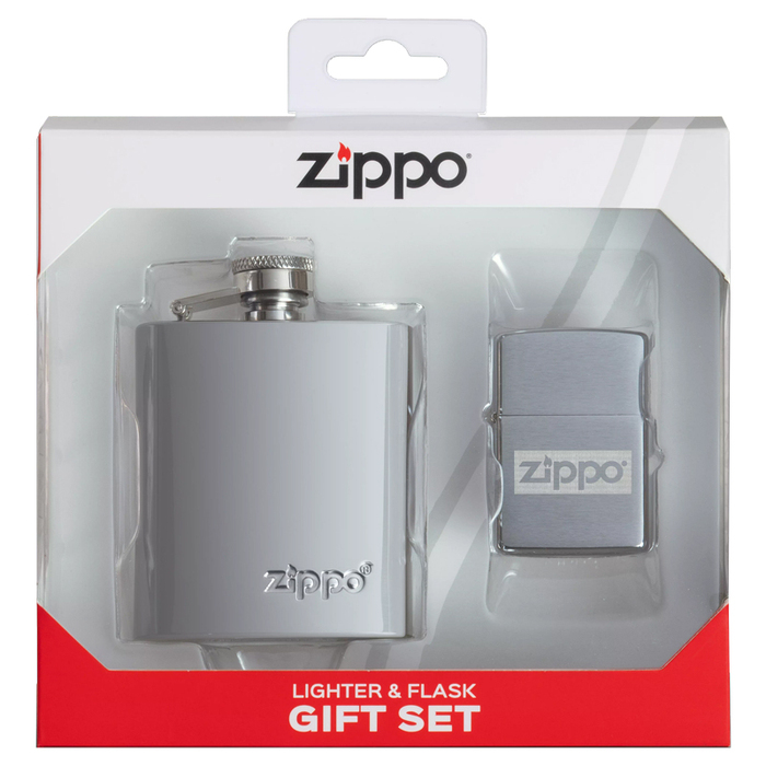 Подарочный набор ZIPPO: фляжка 89 мл и зажигалка, латунь/сталь, серебристый, в коробке с подвесом для нанесения логотипа