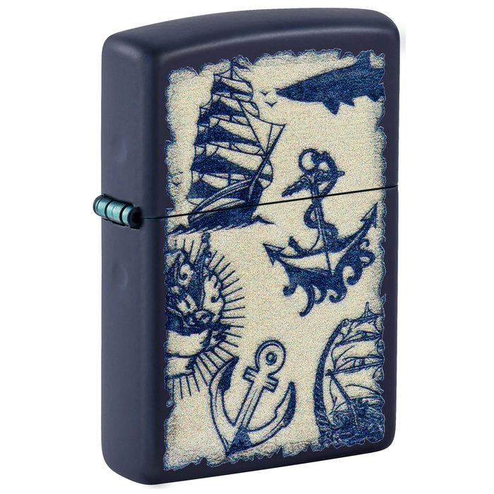 Зажигалка ZIPPO Морская с темно-синем матовым покрытием | Nautical Design Navy Matte, латунь/сталь, синяя, матовая, 38x13x57 мм для нанесения логотипа
