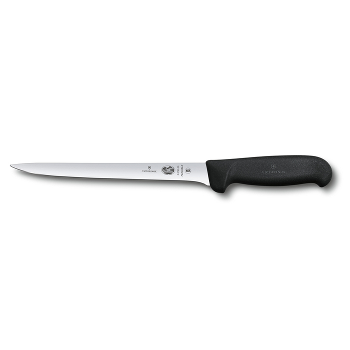 Нож филейный VICTORINOX Fibrox с гибким изогнутым лезвием 20 см, чёрный для нанесения логотипа