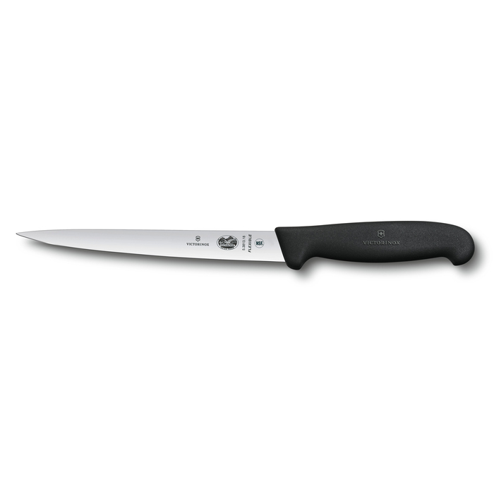 Нож филейный для рыбы VICTORINOX Fibrox с супер-гибким лезвием 18 см, чёрный для нанесения логотипа