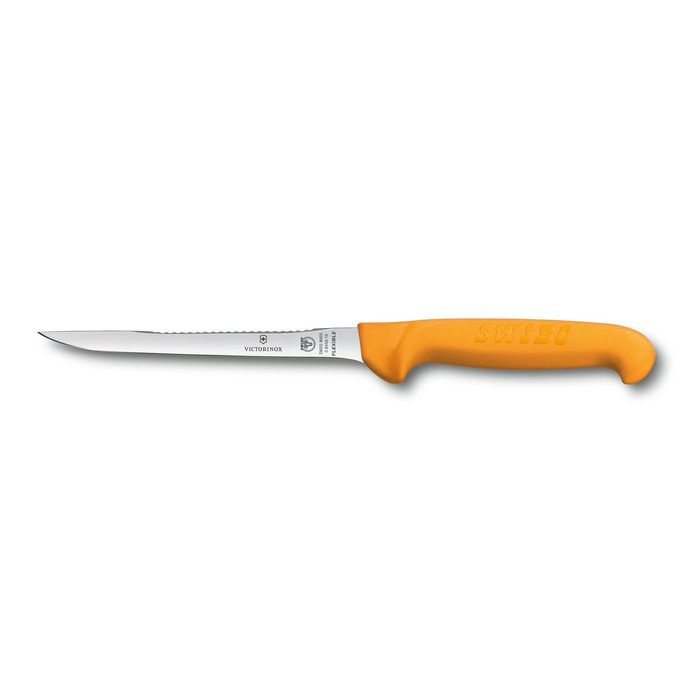 Нож для филировки рыбы VICTORINOX Swibo, узкое гибкое лезвие 16 см с рыбочисткой, жёлтый для нанесения логотипа