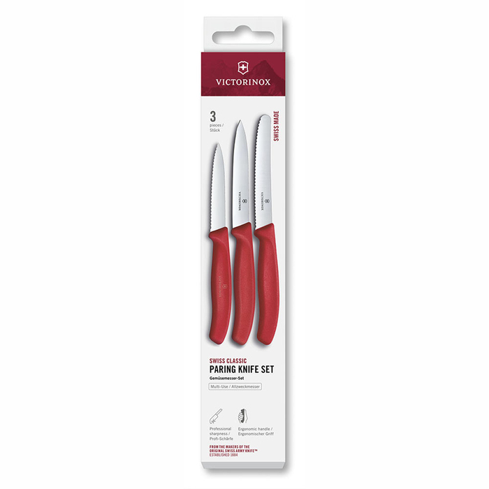 Набор из 3 ножей VICTORINOX Швейцарская классика | Swiss Classic: нож для овощей 8 см, нож для овощей 10 см, столовый нож 11 см, красная ручка для нанесения логотипа