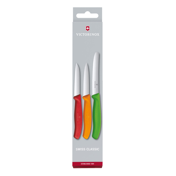 Набор из 3 ножей для овощей VICTORINOX: красный нож 8 см, оранжевый нож 8 см, зелёный нож 11 см для нанесения логотипа