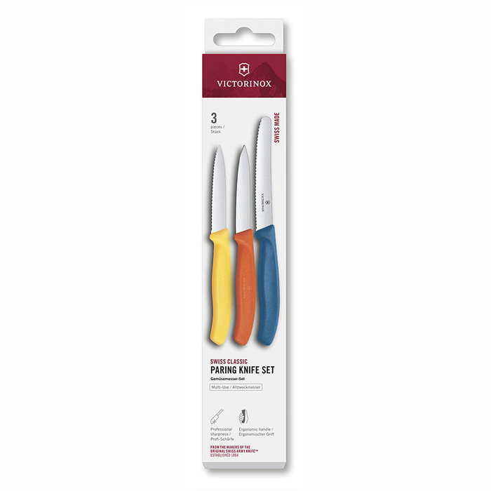 Набор из 3 ножей для овощей VICTORINOX: желтый нож 8 см, оранжевый нож 8 см, голубой нож 11 см для нанесения логотипа