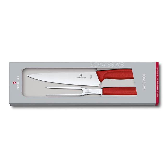 Набор для разделки мяса VICTORINOX Swiss Classic, нож 19 см и вилка 15 см, красная рукоять для нанесения логотипа