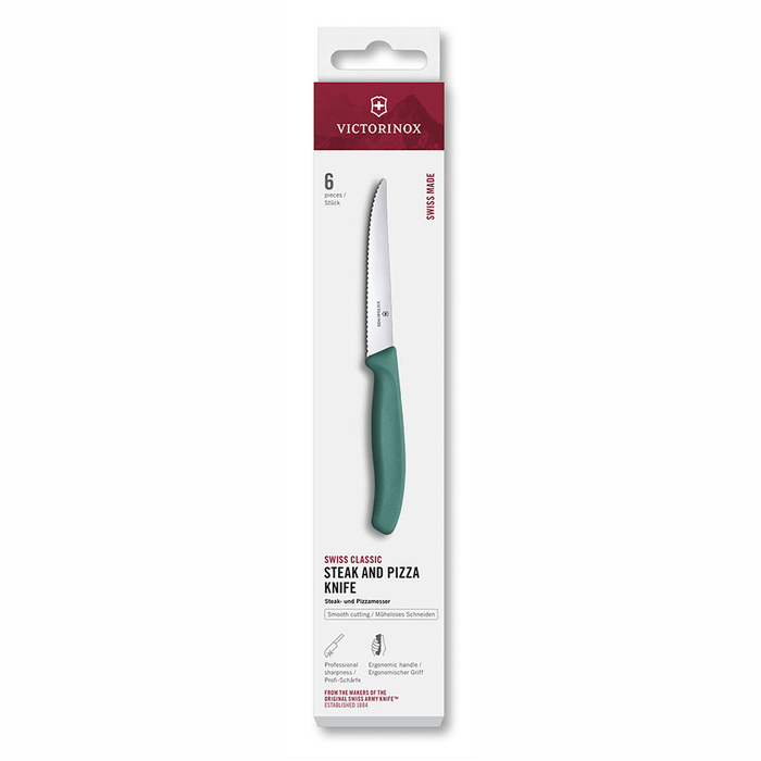 Набор из 6 ножей для стейков VICTORINOX Швейцарская классика | Swiss Classic, 11 см, волнистая кромка, зеленая рукоять для нанесения логотипа