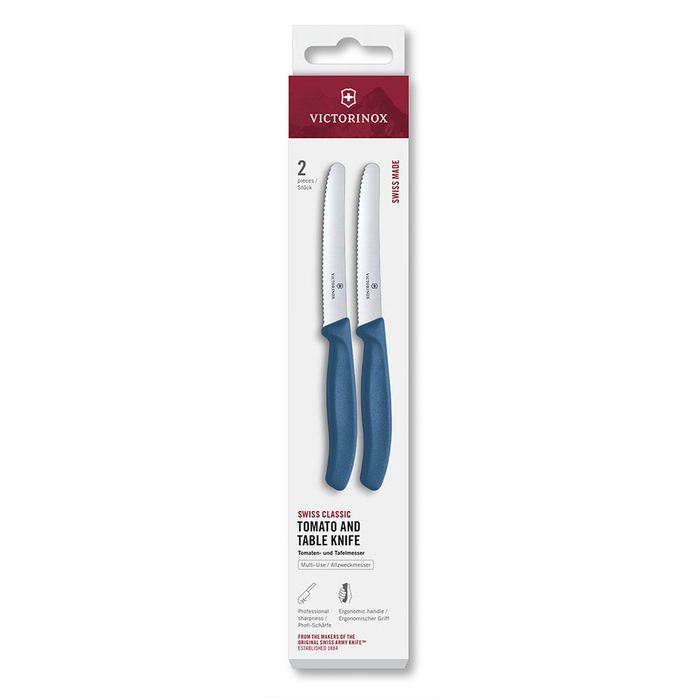 Набор из 2 столовых ножей VICTORINOX Швейцарская классика | Swiss Classic, 11 см, волнистая кромка, синяя рукоять для нанесения логотипа