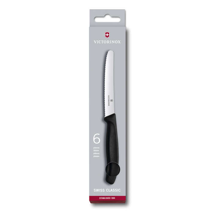 Набор из 6 столовых ножей VICTORINOX SwissClassic, 11 см, волнистая кромка, чёрная рукоять для нанесения логотипа