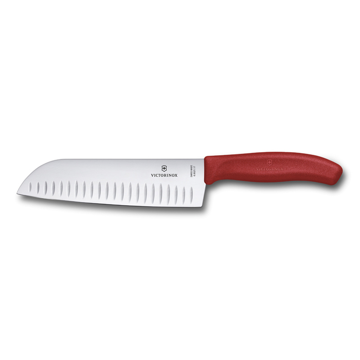 Нож сантоку VICTORINOX SwissClassic, рифлёное лезвие 17 см, красный, в подарочной коробке для нанесения логотипа