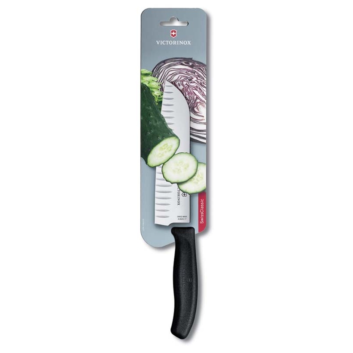 Нож сантоку VICTORINOX SwissClassic, рифлёное лезвие 17 см, чёрный, в картонном блистере для нанесения логотипа