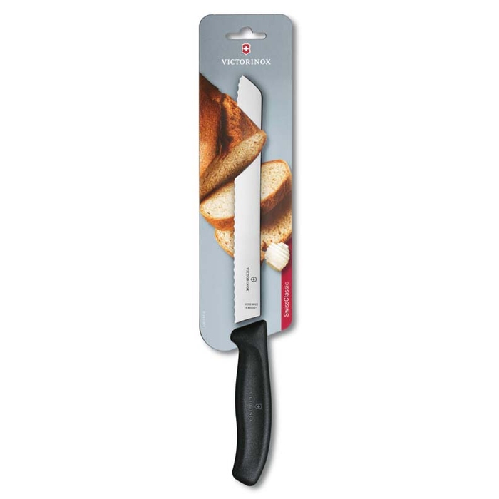 Нож для хлеба VICTORINOX SwissClassic, лезвие 21 см с волнистой кромкой, чёрный, в блистере для нанесения логотипа