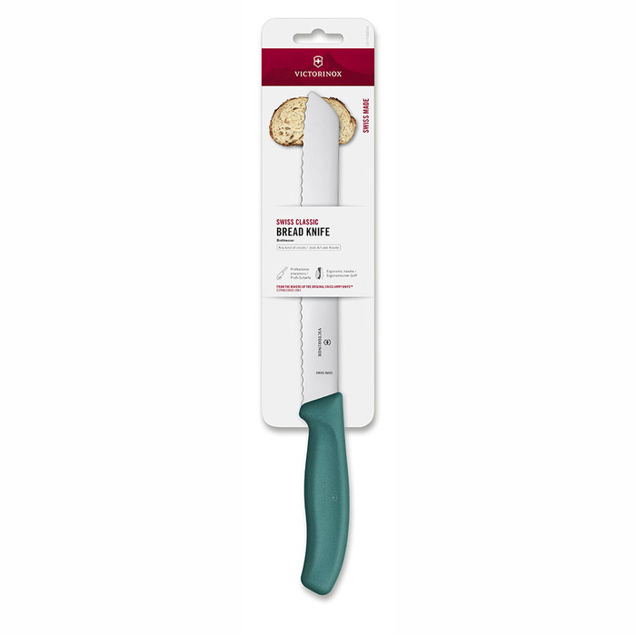 Нож для хлеба VICTORINOX Швейцарская классика | Swiss Classic, лезвие 21 см с волнистой кромкой, зелёный, в блистере для нанесения логотипа