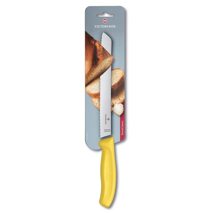 Нож для хлеба VICTORINOX SwissClassic, лезвие 21 см с волнистой кромкой, жёлтый, в блистере для нанесения логотипа