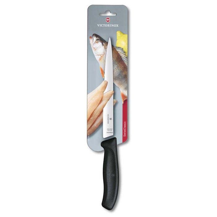 Нож филейный VICTORINOX SwissClassic, гибкое лезвие 20 см, чёрный, в картонном блистере для нанесения логотипа