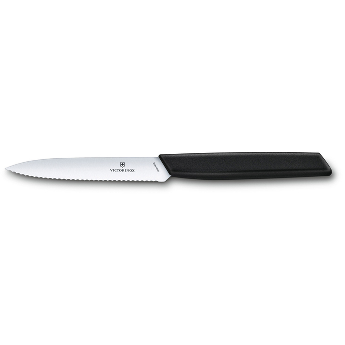 Нож для овощей и фруктов VICTORINOX Swiss Modern, лезвие 10 см с волнистой кромкой, чёрный для нанесения логотипа