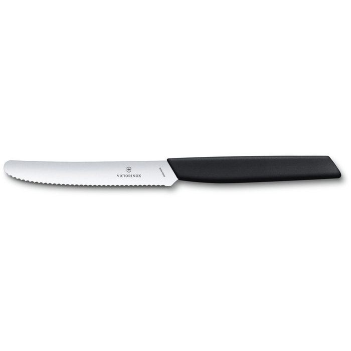 Нож столовый VICTORINOX Swiss Modern, волнистое лезвие 11 см с закруглённым кончиком, чёрный для нанесения логотипа