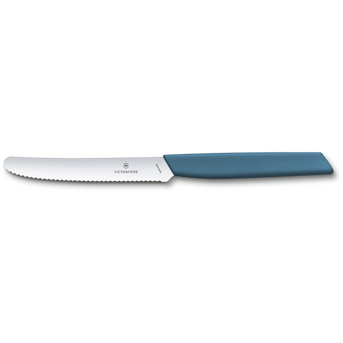 Нож столовый VICTORINOX Swiss Modern, волнистое лезвие 11 см с закруглённым кончиком, синий для нанесения логотипа