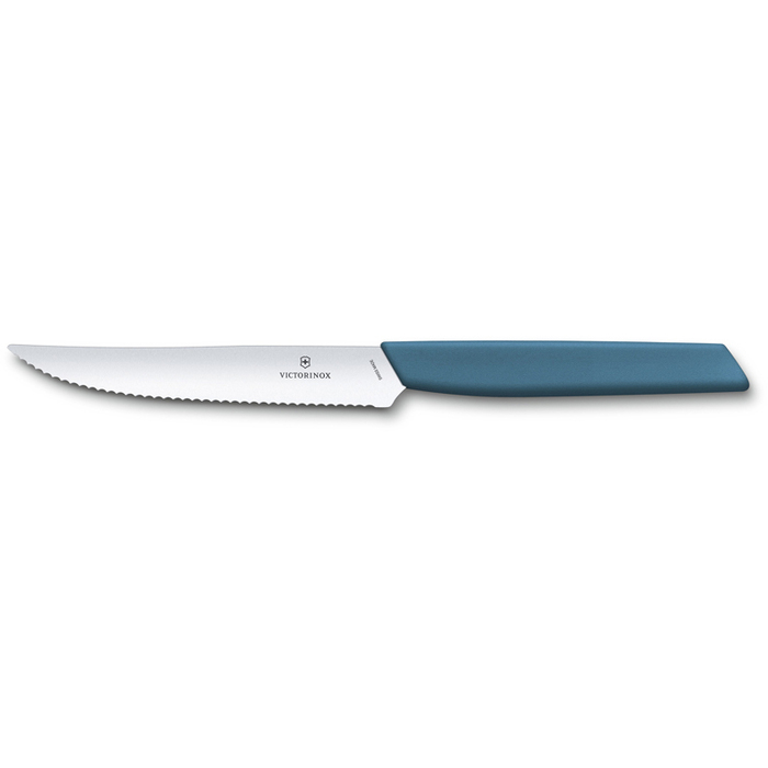 Нож для стейка и пиццы VICTORINOX Swiss Modern, 12 см, с волнистой кромкой, васильково-синий для нанесения логотипа