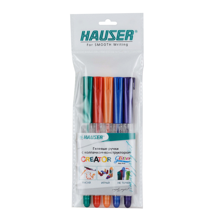 Набор: Гелевая ручка Hauser Creator Glitter Gel, чернила с блестками - 5шт, пакет для нанесения логотипа