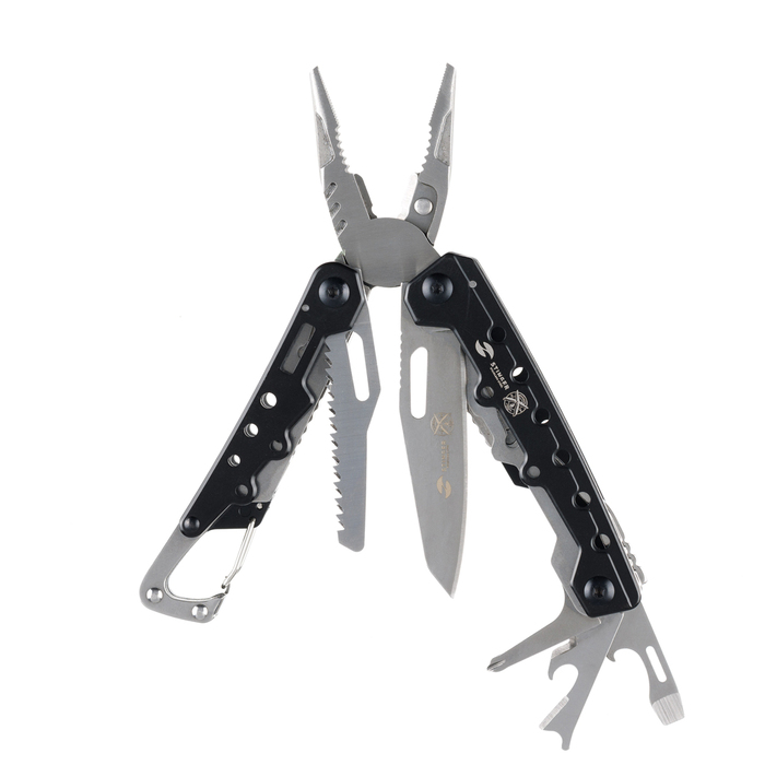 Мультитул Stinger, 105x40 мм, 12 функций, сталь, чёрно-серебристый, в комплекте нейлоновый чехол для нанесения логотипа