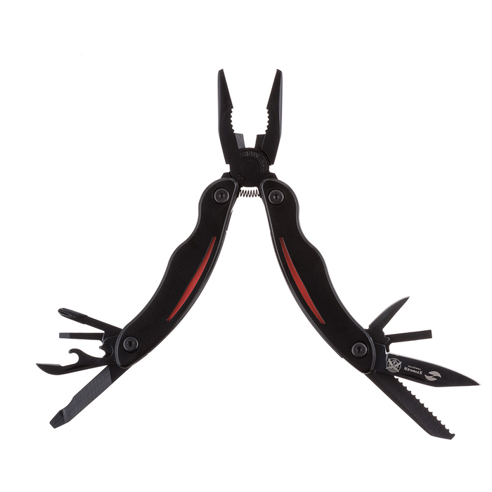 Мультитул Stinger, 105x50 мм, 9 функций, сталь/пластик, чёрно-красный, в комплекте нейлоновый чехол для нанесения логотипа