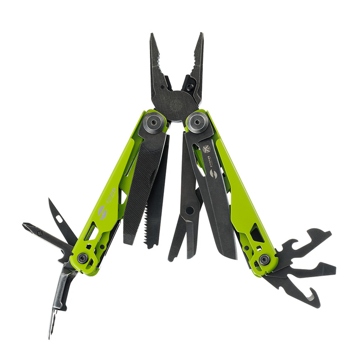 Мультитул Stinger, 107 х 19 мм, 19 функций, сталь, салатовый корпус, стоунвош, в картонной коробке, в комплекте нейлоновый чехол для нанесения логотипа