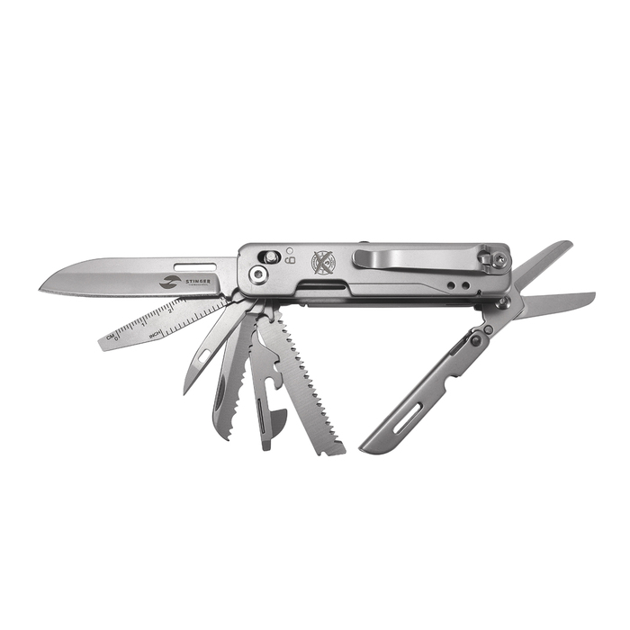 Мультитул Stinger, 92 х 30 мм, 15 функций, сталь, серебристый, в картонной коробке для нанесения логотипа
