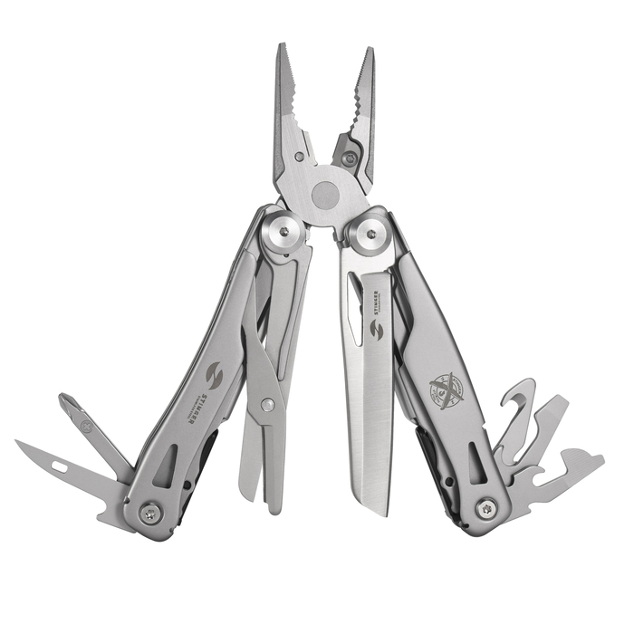 Мультитул Stinger, 106 мм, 15 функций, сталь, серебристый, в картонной коробке, в комплекте нейлоновый чехол для нанесения логотипа
