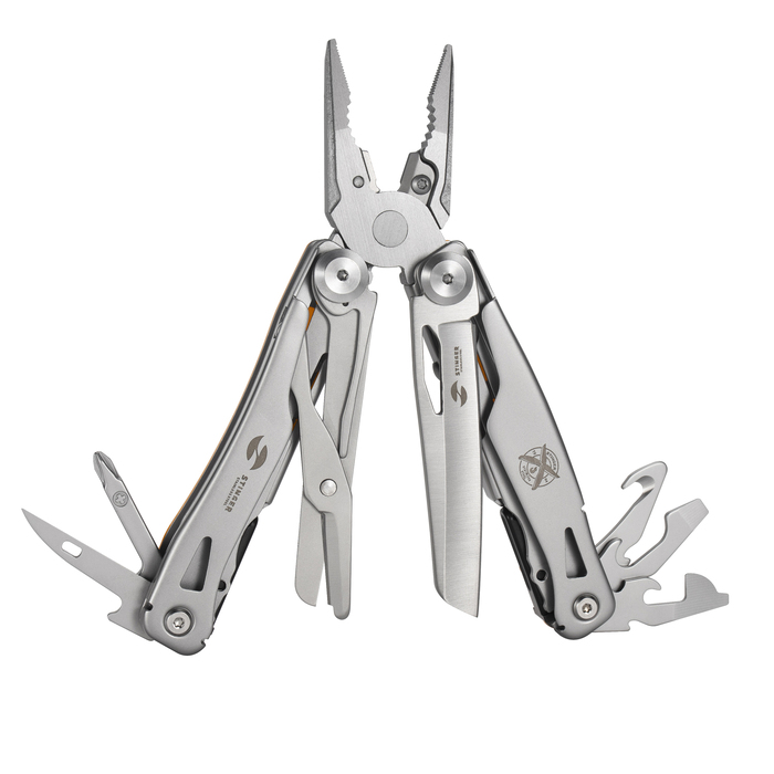 Мультитул Stinger, 106 мм, 15 функций, сталь/АБС-пластик, оранжевый, в комплекте нейлоновый чехол для нанесения логотипа