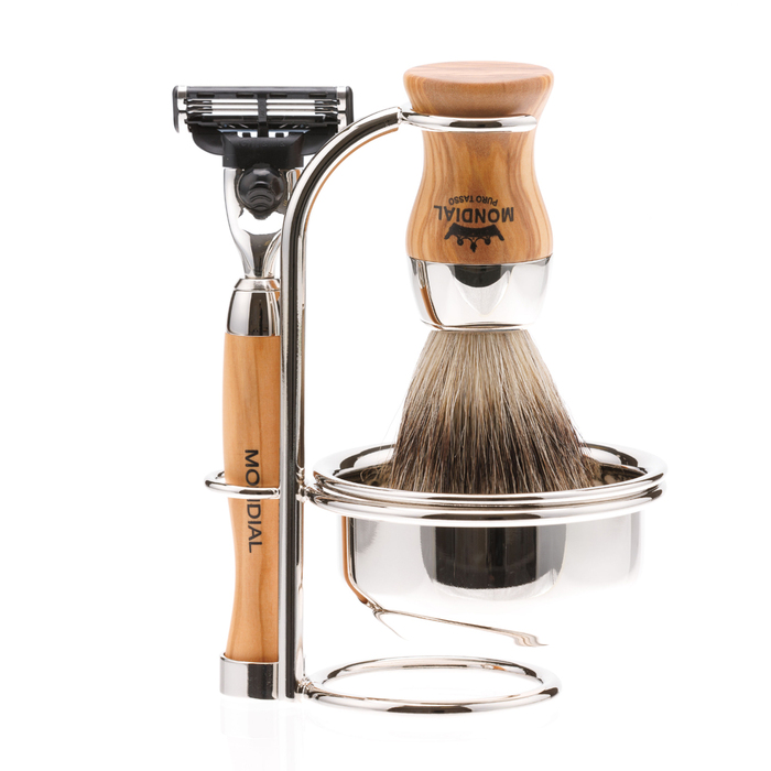 Бритвенный набор Mondial: станок, помазок, чаша, подставка; оливковое дерево для нанесения логотипа