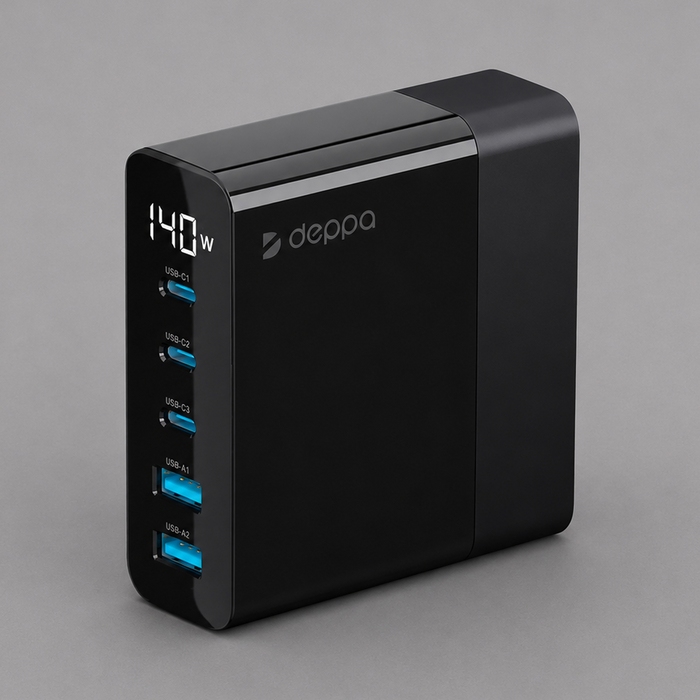 Зарядная станция 3xUSB Type-C, 2xUSB, PD, QC, 140Вт для нанесения логотипа