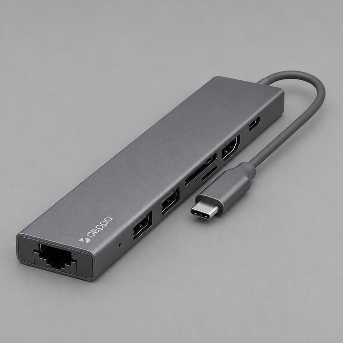 USB Type-C хаб 7-в-1, HDMI, Power Delivery, 2xUSB 3.0, RJ45, microSD/SD для нанесения логотипа