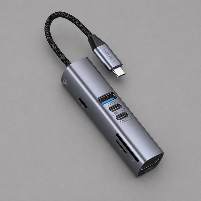 USB-хаб 7 в 1 USB-C - USB-A3.0 + 2хUSB-C + USB-C PD100Вт + HDMI + SD + microSD для нанесения логотипа