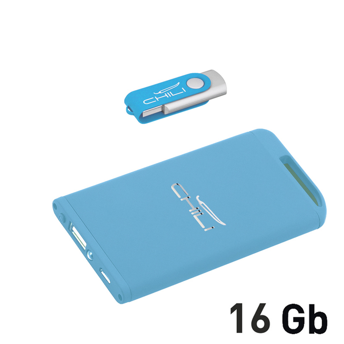 Набор зарядное "Theta" 4000 mAh + флеш-карта "Vostok" 16Гб  в футляре, голубой, покрытие soft touch для нанесения логотипа